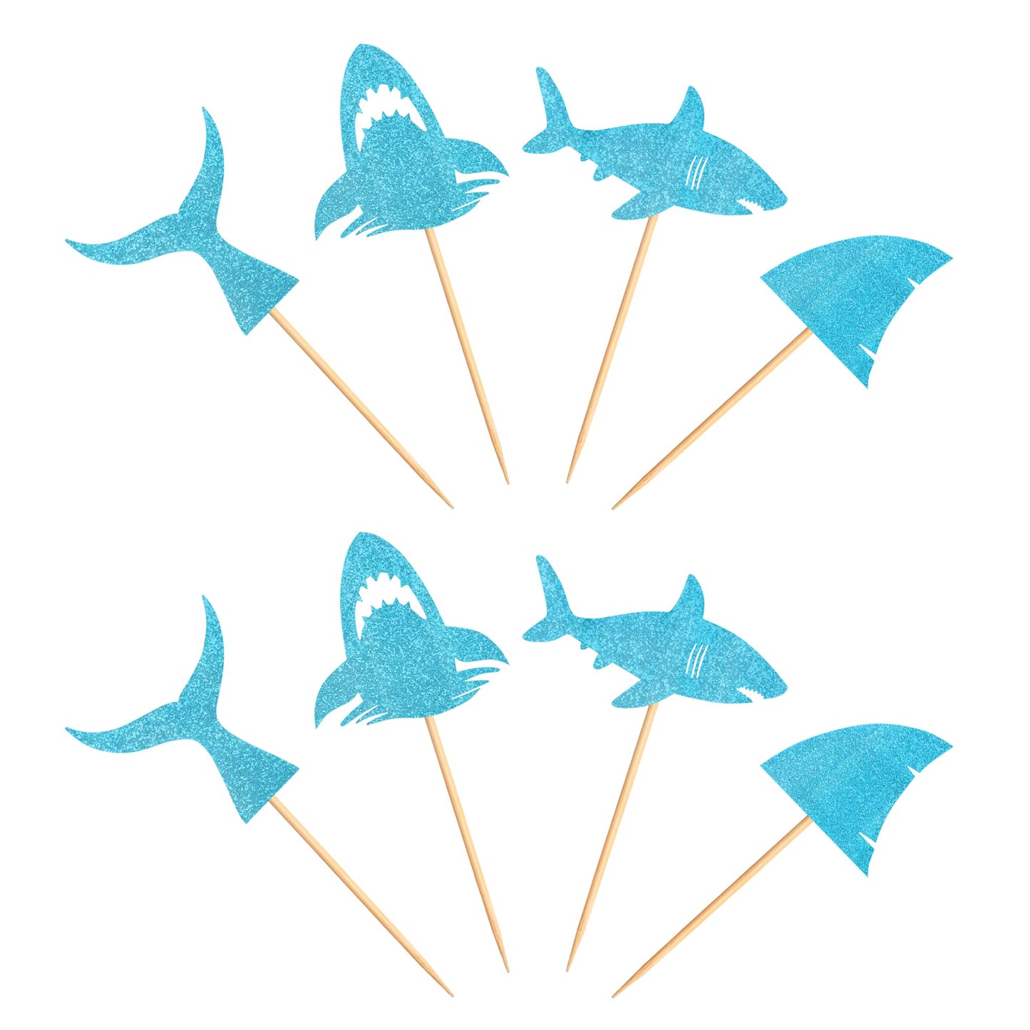 Ercadio Shark Cupcake Toppers - 24 Piece Assortment, Blue Glitter Shark Fin, Ocean Animals Theme for Baby Shower & Kids Birthday Party
