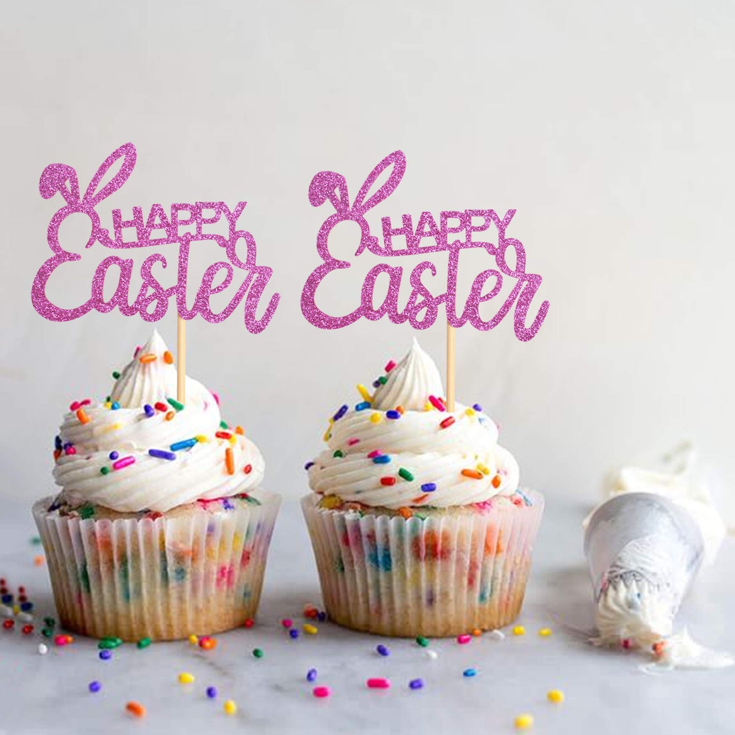 Ercadio 36 Pack Happy Easter Cupcake Toppers Glitter Rabbit Ear Cupcake Picks Happy Easter Theme Party Cake Decorations Purple
