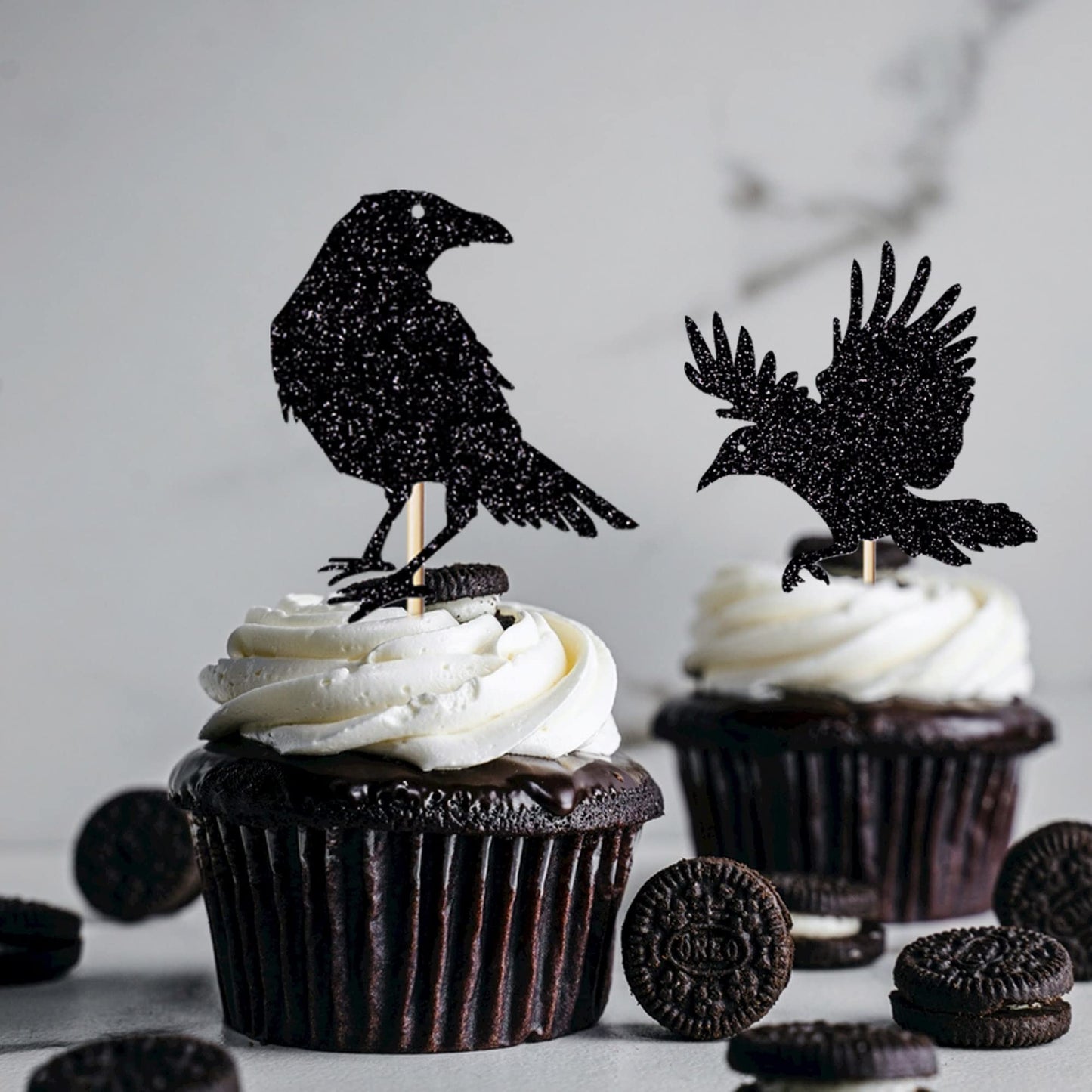 Leetaivie 24Pcs Black Glitter Crow Dessert Cupcake Toppers - Featured Halloween Themed Party Cake Topper (Black)