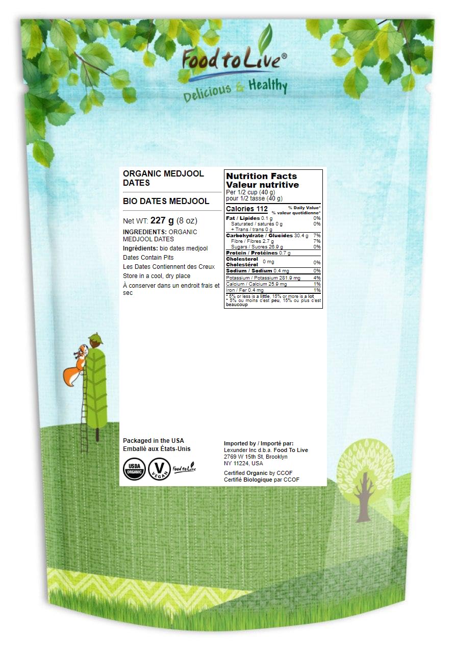 Food to Live Organic Medjool Dates, 8 Ounces, Non-GMO, Unsweetened, Vegan, Bulk