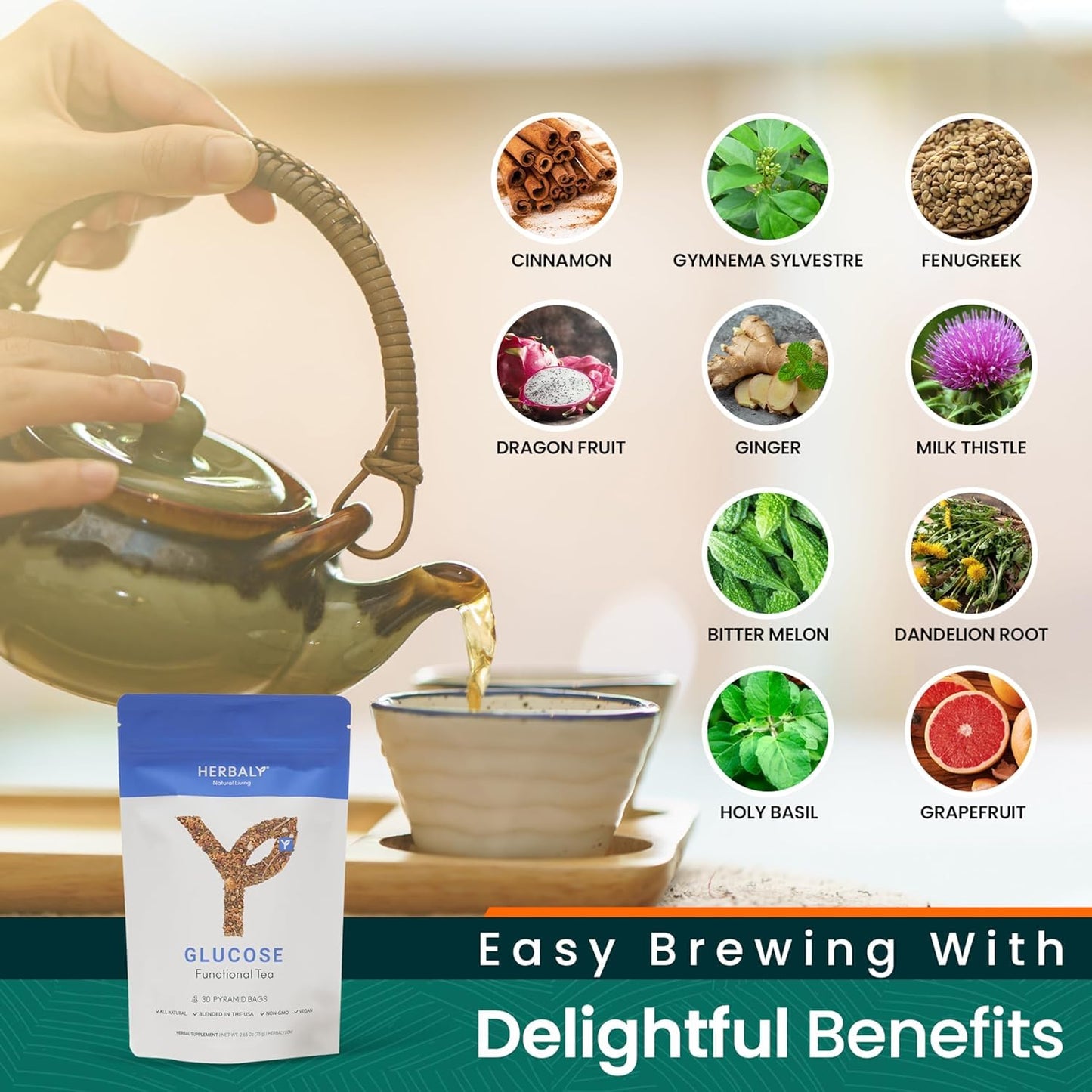 HERBALY Glucose Functional Tea - Organic Plant-Based Tea Bag Pyramids - 30 Count - Gymnema Sylvestre, Ceylon Cinnamon, Bitter Melon