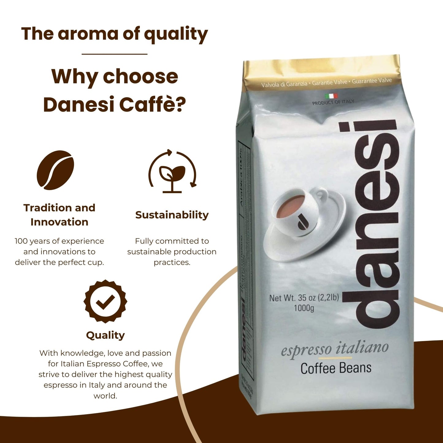 Danesi Caffe Italian Whole Coffee Beans - Espresso Coffee Beans and Medium Roast Whole Bean - Perfect for Espresso Machines  French Press  and Home Brewing - Gold (2.2 lb)