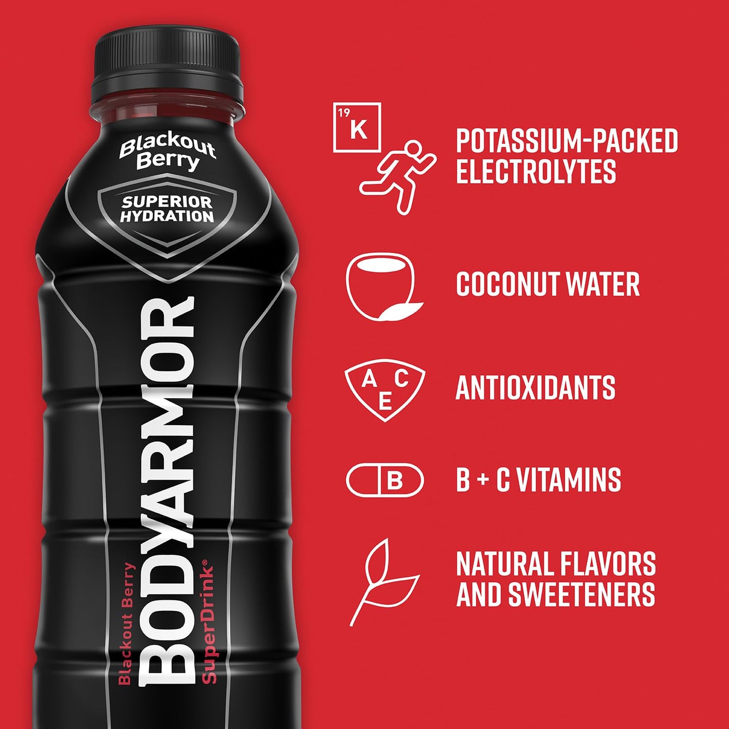 BODYARMOR Sports Drink, Blackout Berry, Coconut Water Hydration, 16 Fl Oz, Pack of 12, Natural Flavors & Electrolytes for Athletes