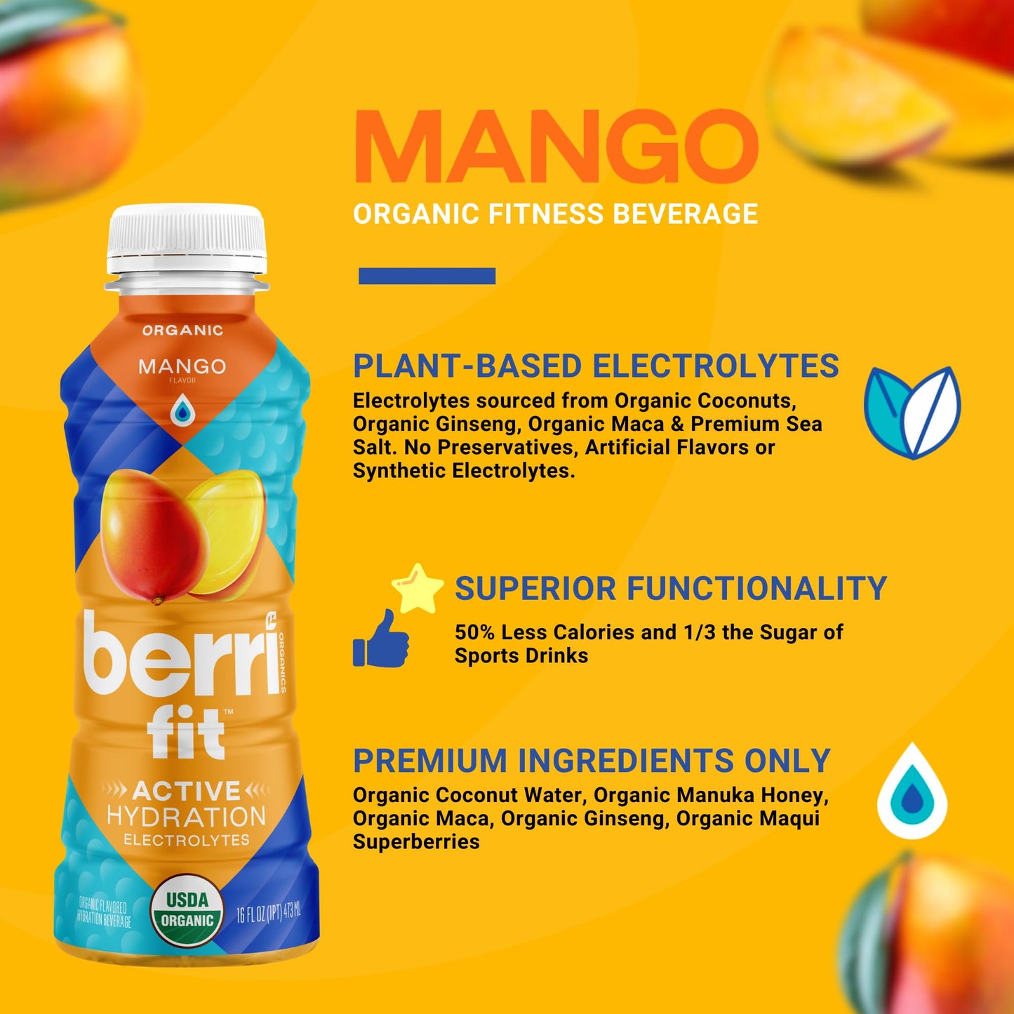 Berri Fit Hydration - Organic Mango Flavor Natural Sports Drink - Plant-Based Electrolyte Beverage - Low Calorie, Paleo Coconut