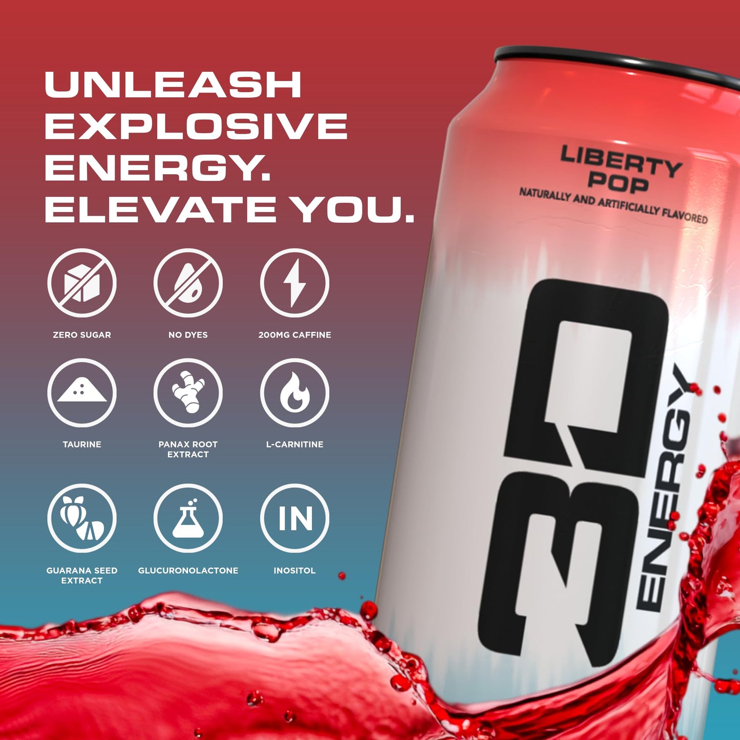 3D Energy Drink - Sugar Free  200mg Caffeine  Pre Workout  Taurine  L-Carnitine  Lightly Carbonated  16oz Cans  12 Pack - Liberty Pop