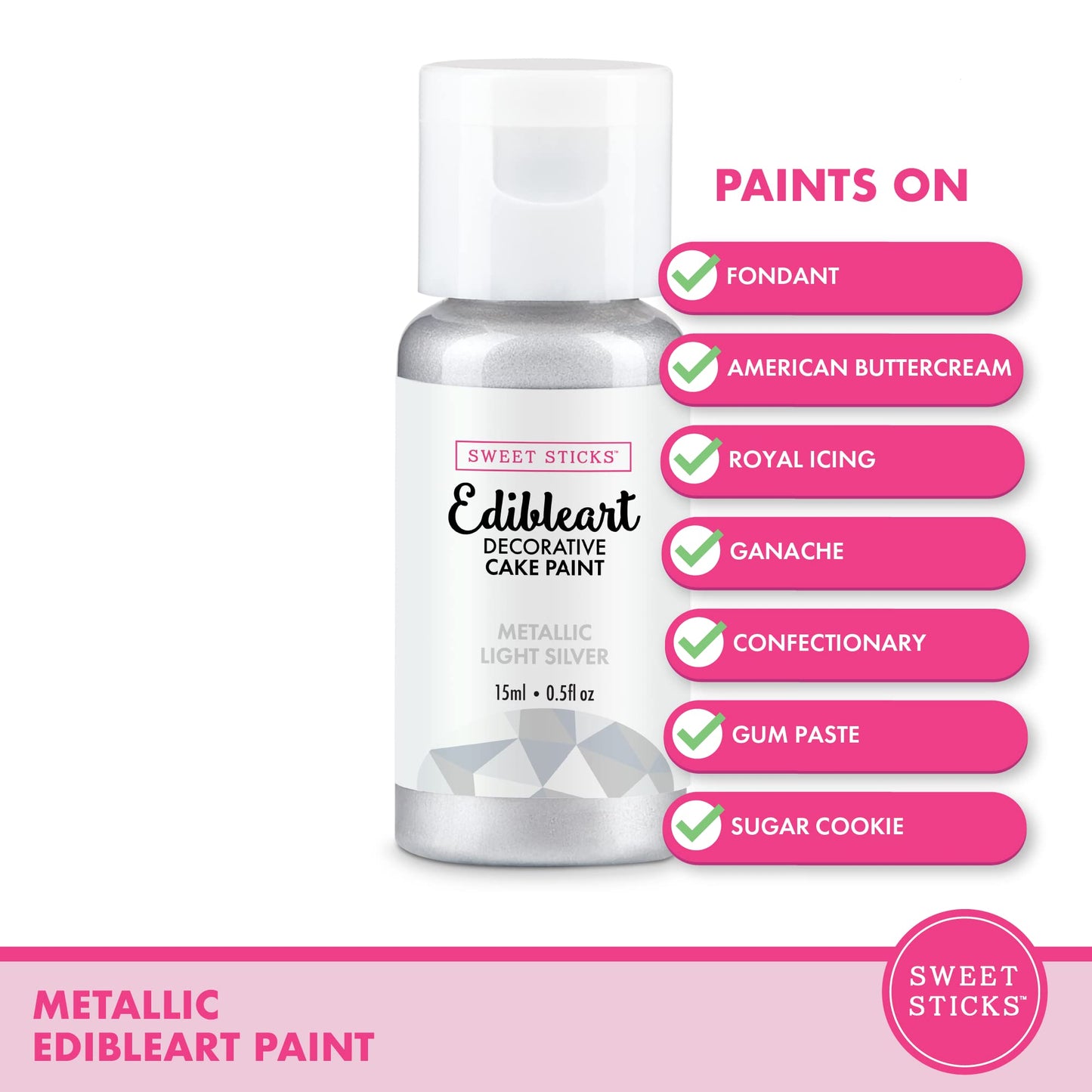SWEET STICKS Edible Cake Paint Metallic Light Silver 0.5 Fl Oz