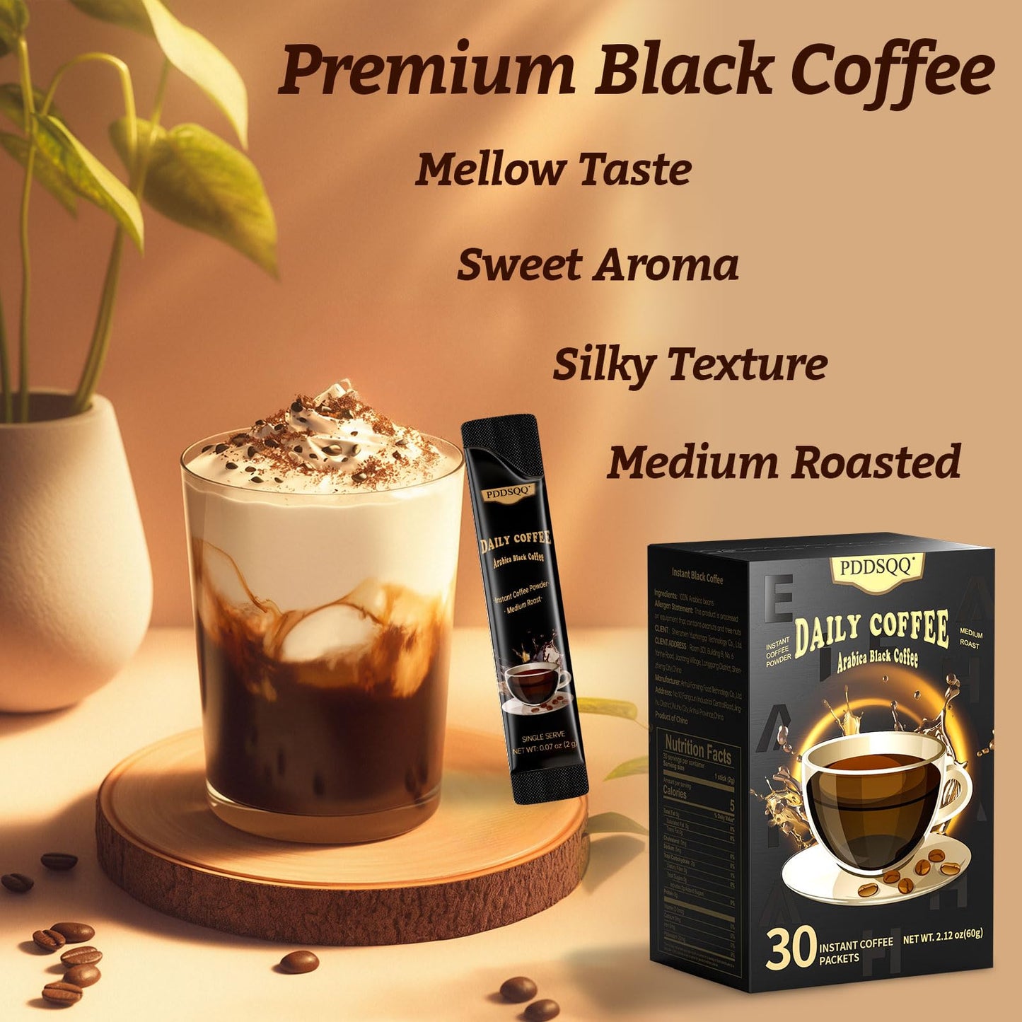 PDDSQQ Sive Instant Coffee Packets, Organic Medium Roast, Sugar Free, 30 Count, 2oz (Single Serve)