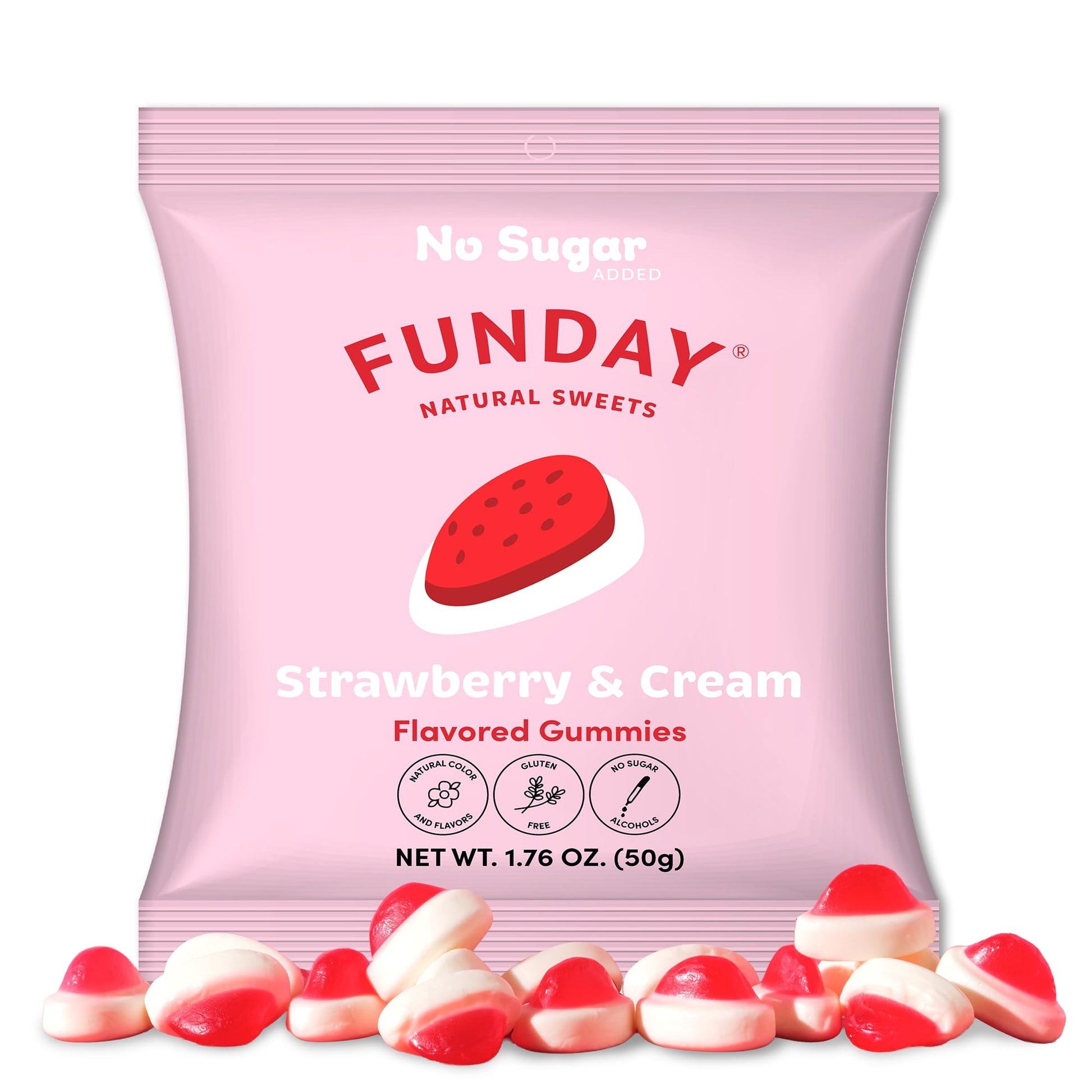 FUNDAY Strawberry & Cream Gummies - 12 x 50g Bags - No Sugar Added - Gluten-Free Gummy Candy with Natural Flavors & Prebiotic Fi