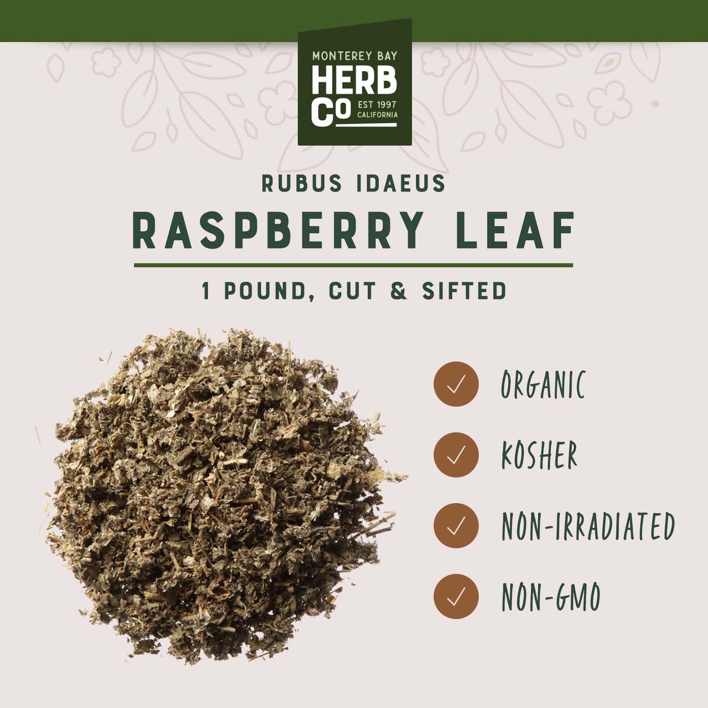 MONTEREY BAY HERB CO Organic Raspberry Leaf Cut & Sifted Tea – 1 LB Bag, 100% Natural, Kosher Berries (Rubus idaeus)
