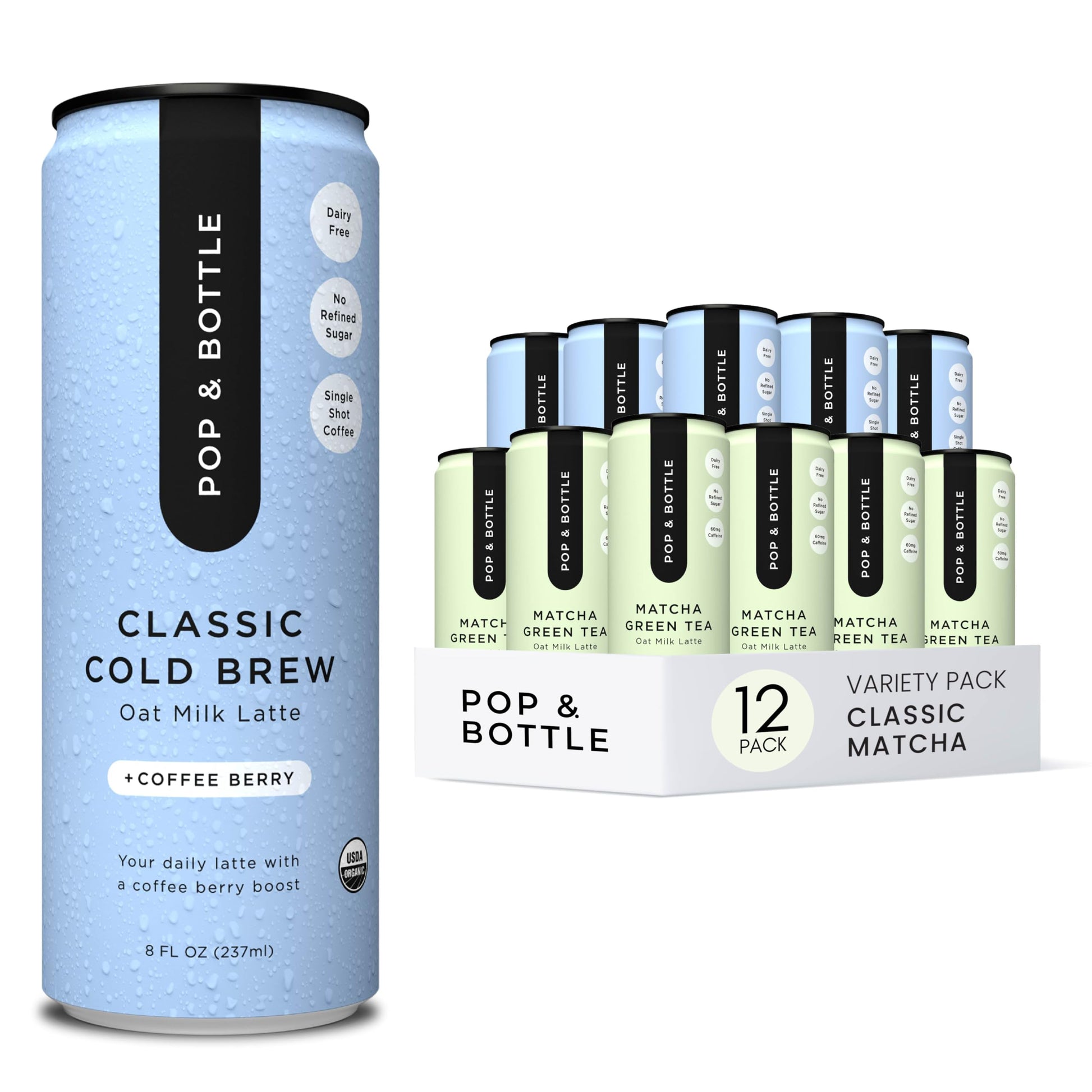 Pop & Bottle Classic & Vanilla Oat Milk Lattes - Cold Brew  Marine Collagen & Antioxidants  Mct Oil  Organic  Dairy Free  Gluten Free  Lightly Sweetened With Dates - 8 Fl Oz (Pack Of 12)  6 Each