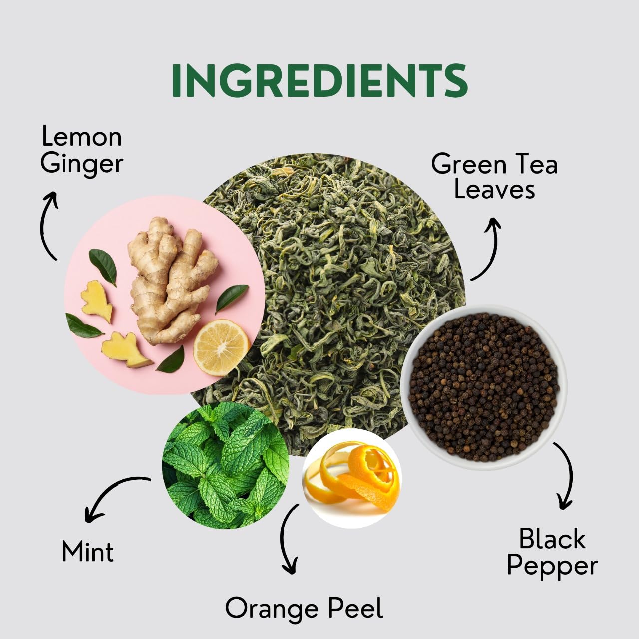 Lemon Ginger Green Tea Bags (50 Count), Green Tea With Orange Peel, Black Pepper & Mint Extract, Caffeinated, Real And Natural G