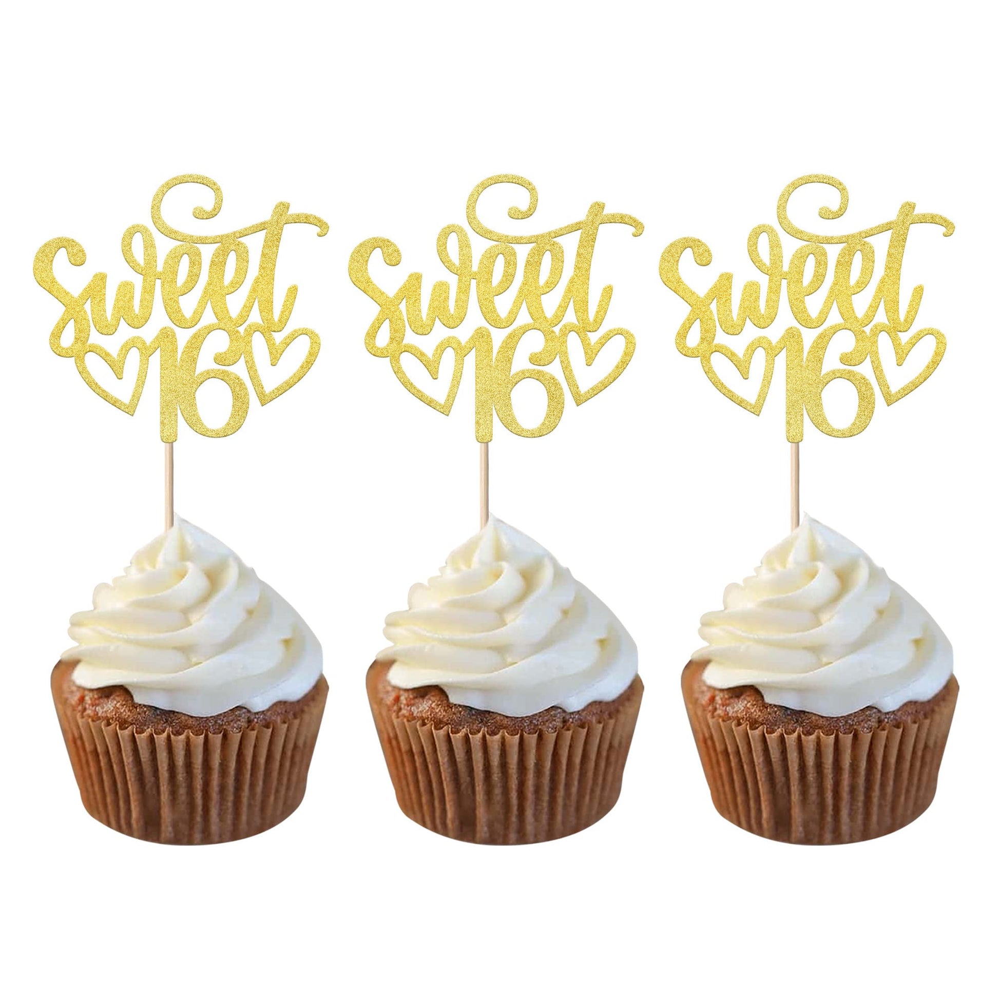 YCTHUNFISH 24 Pack Cupcake Toppers Glitter for 16th Birthday, Bamboo Material, Gold Color