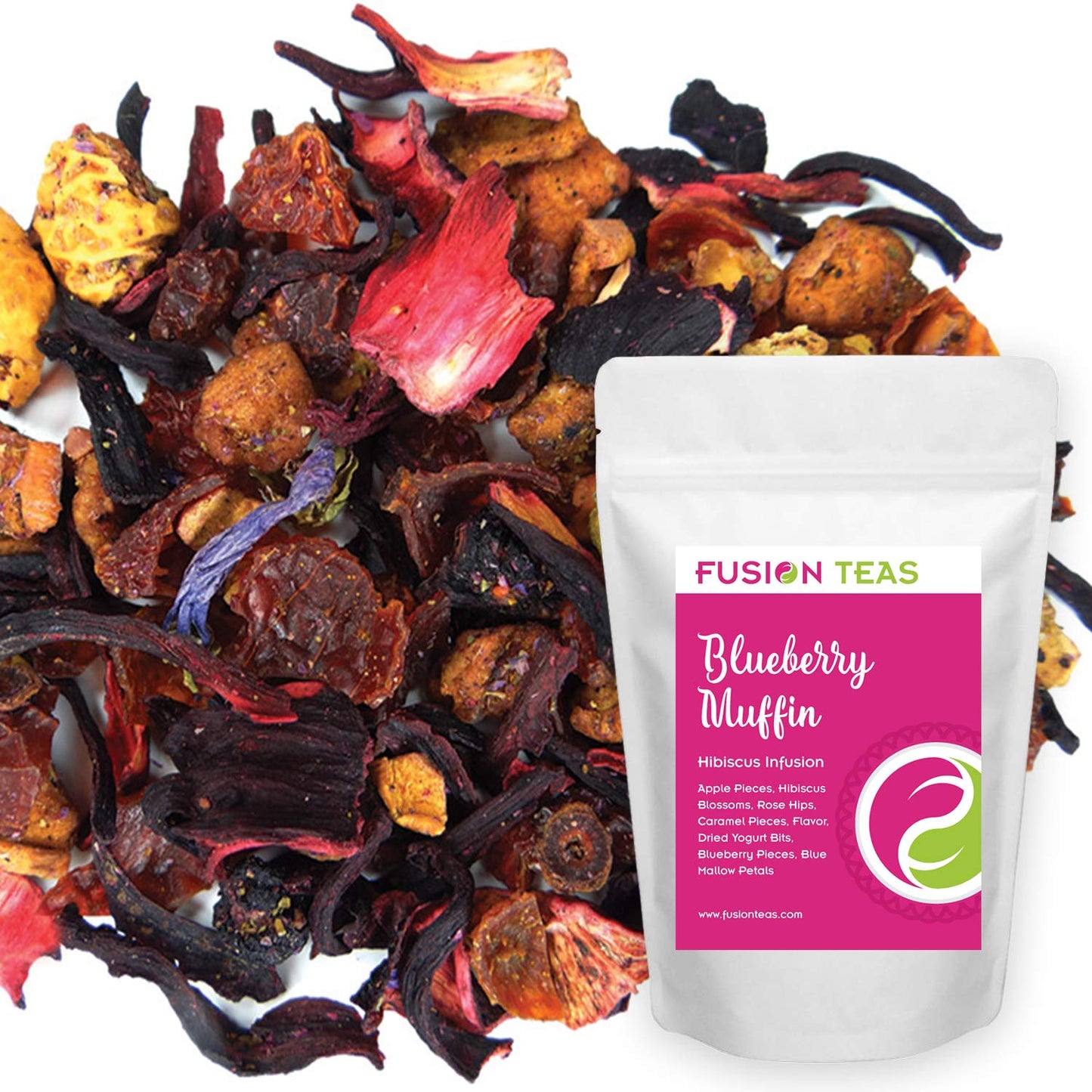 Fusion Teas Blueberry Muffin Hibiscus Herbal Fruit Tea - Caffeine Free Loose Leaf - 5 Oz Pouch