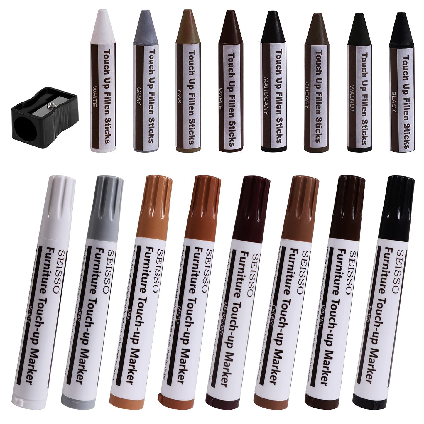 Seisso Furniture Markers Touch Up - Set Of 17 - Furniture Scratch Repair Markers Kit, Wood Touch Up Markers And Wax Sticks With 
