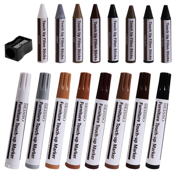 Seisso Furniture Markers Touch Up - Set Of 17 - Furniture Scratch Repair Markers Kit, Wood Touch Up Markers And Wax Sticks With 