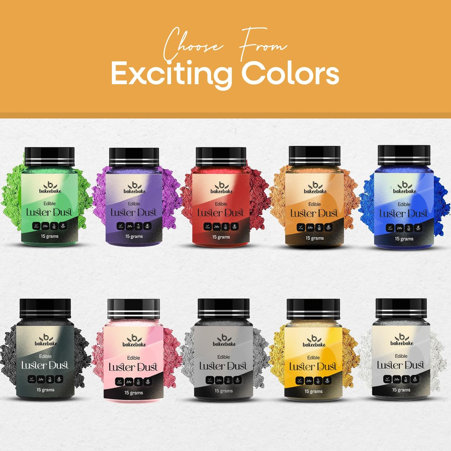 Bakeebake Edible Glitter Set - 10 Color Set, 15g Each Bottle, Gluten Free, Vegan, Perfect for Drinks & Desserts