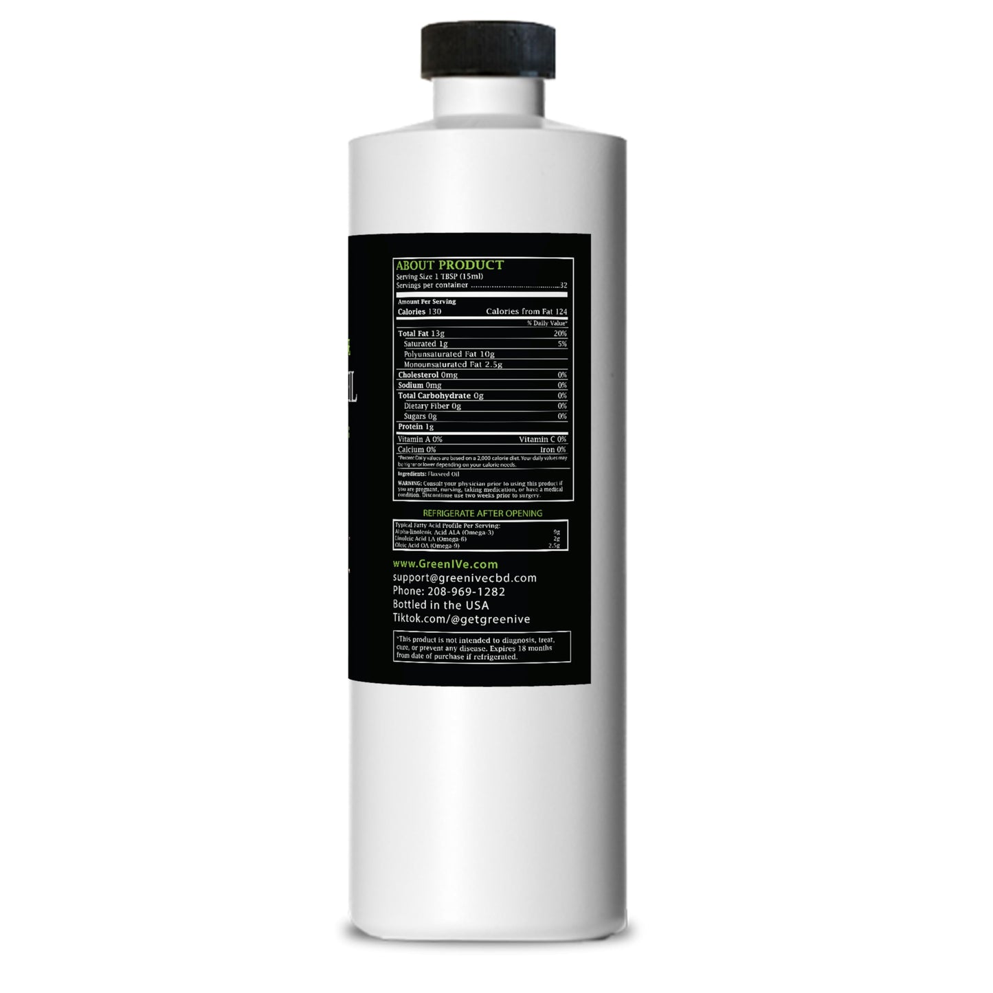 GreenIVe Flax Seed Oil - 100% Pure, Cold Pressed, Vegan, 16 Fl Oz