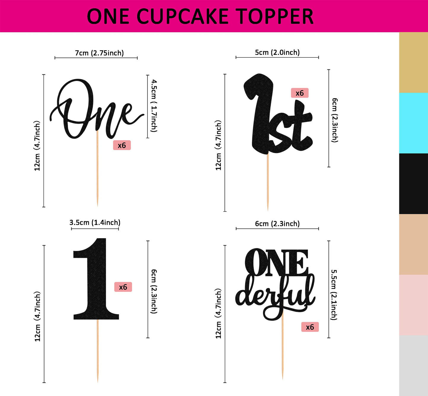 24Pack First Birthday Cupcake Topper - Glitter Black One Cupcake Picks,1St Birthday Cupcake Decorations Supplies (Black)