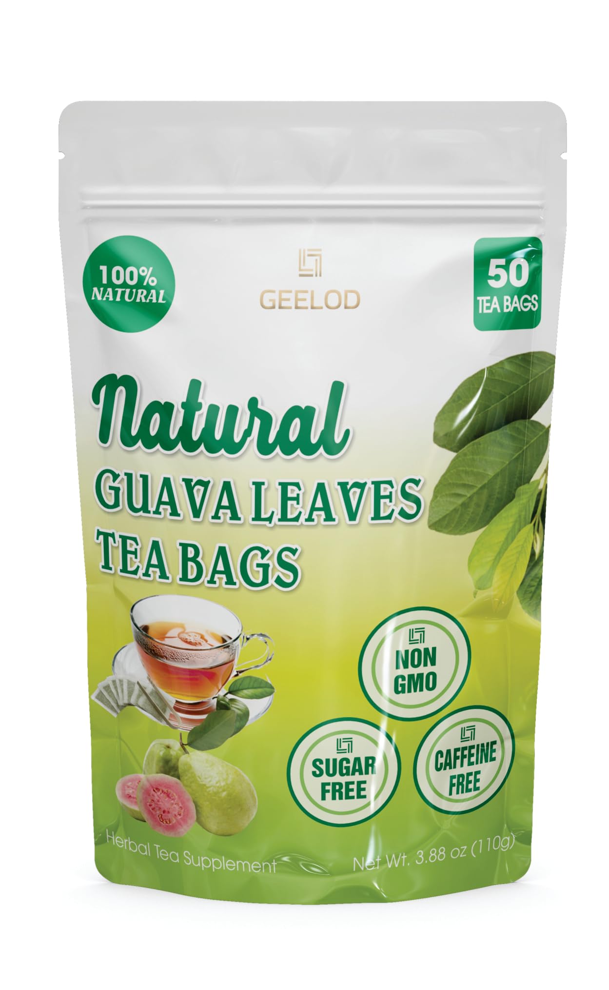 GEELOD Guava Leaf Tea Bags, 100% Natural, Caffeine-Free, Vegan, 50 Count, Guava Leaf Color