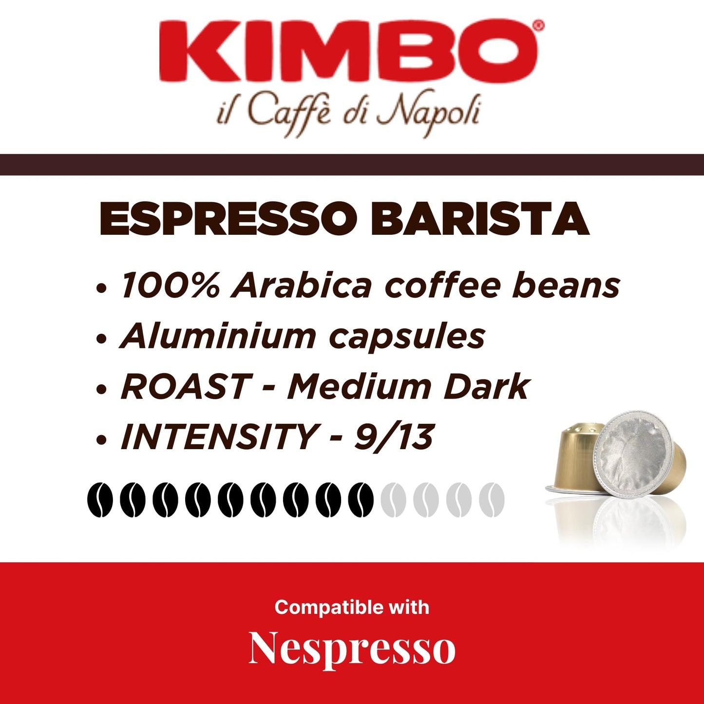 KIMBO Espresso Barista Coffee compact pieces - 100% Arabica, Medium to Dark Roast, 10 Count, Compatible with Single Serve Machines