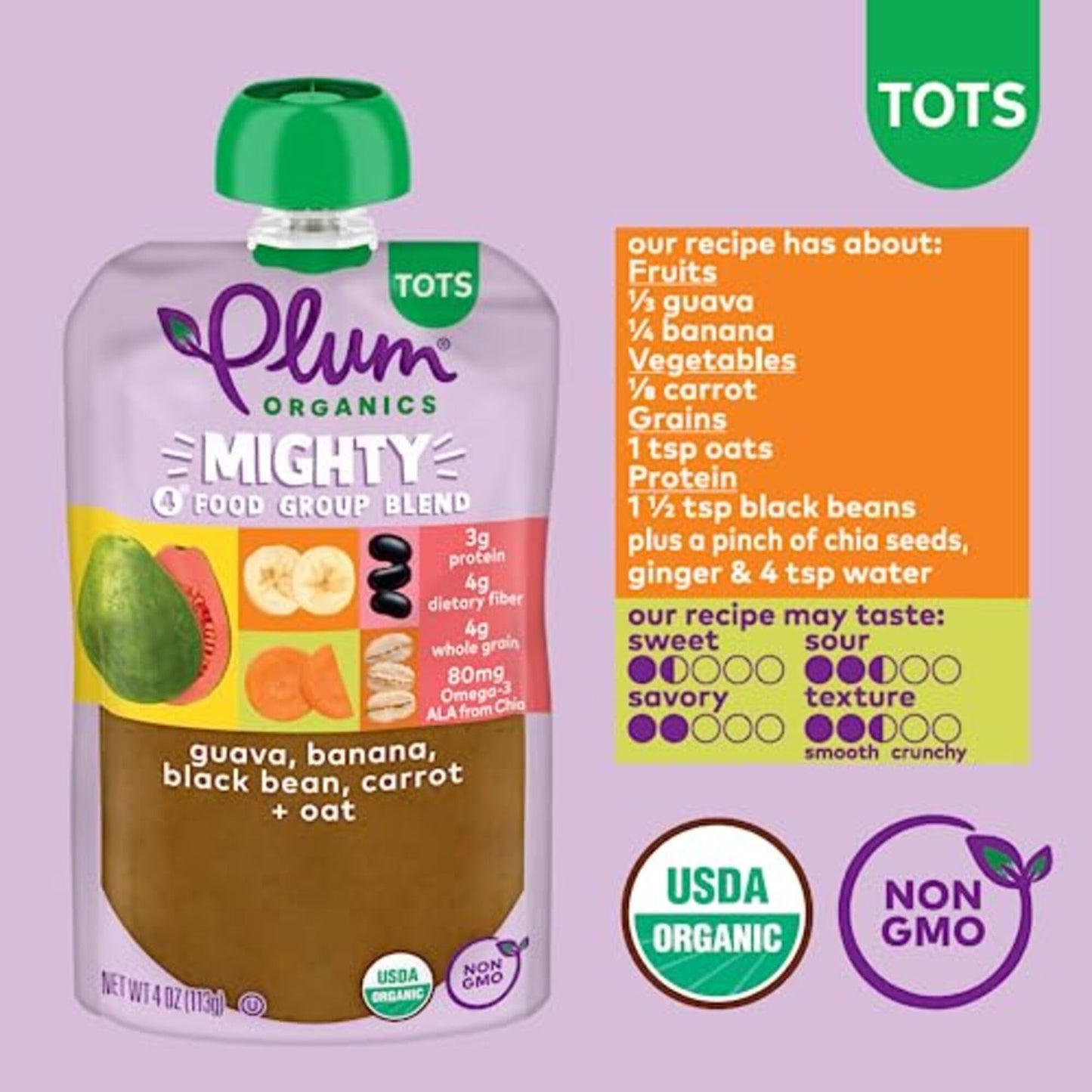 Plum Organics Mighty 4 Organic Toddler Food - Guava, Banana, Black Bean, Carrot, And Oat - 4 Oz Pouch (Pack Of 12) - Organic Fru
