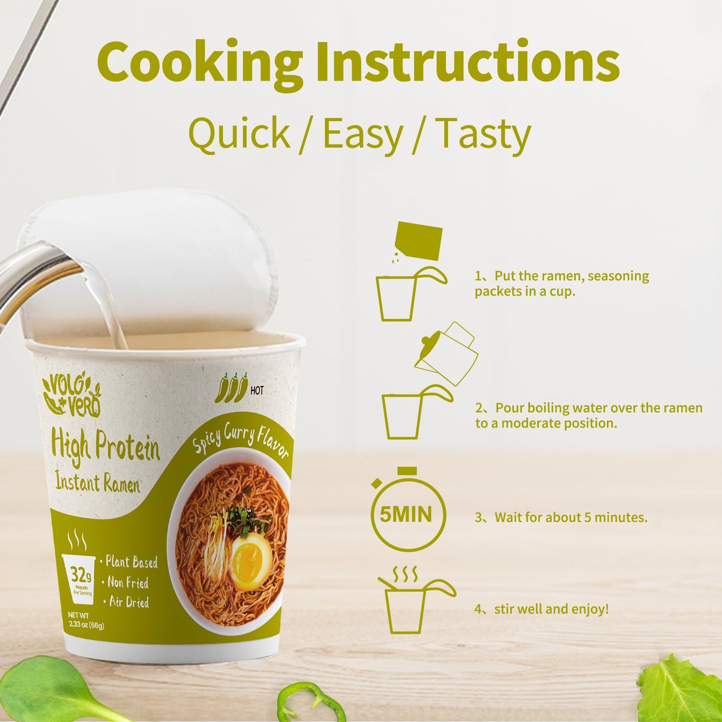 Volo Vero High Protein (32G) Instant Ramen Noodles Soup Cup, Spicy Curry Flavor, 6 Packs, Plant-Based, Non-Fried, Vegan, Low Fat, Egg & Dairy-Free, Quick Healthy Asian Meal, Holiday Gifts