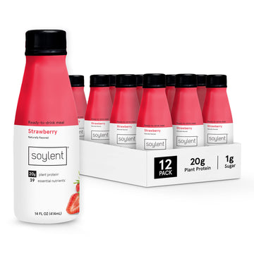Soylent Strawberry Meal Replacement Shake, Ready-To-Drink Plant Based Protein Drink, Contains 20G Complete Vegan Protein And 1G 
