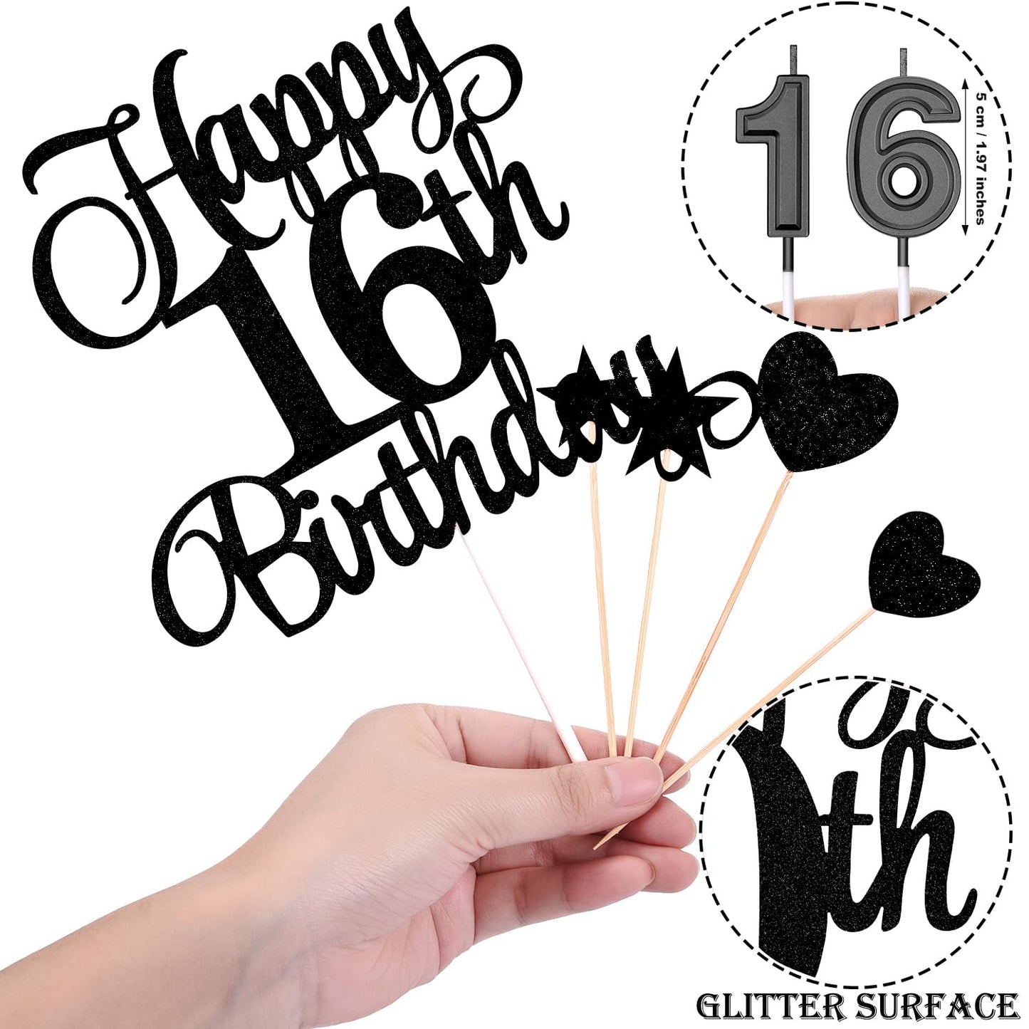 HOGRTi 16th Birthday Cake Decorations Set - Black Series, Includes Candles, Toppers & Cupcake Picks