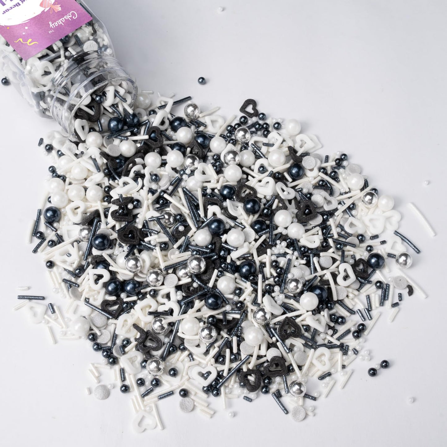 Black and White Heart Sprinkles for Cake Decorating 4.23ounce - Sugar Mix Contains Heart & Silver Pearl Sprinkles for Cupcake To