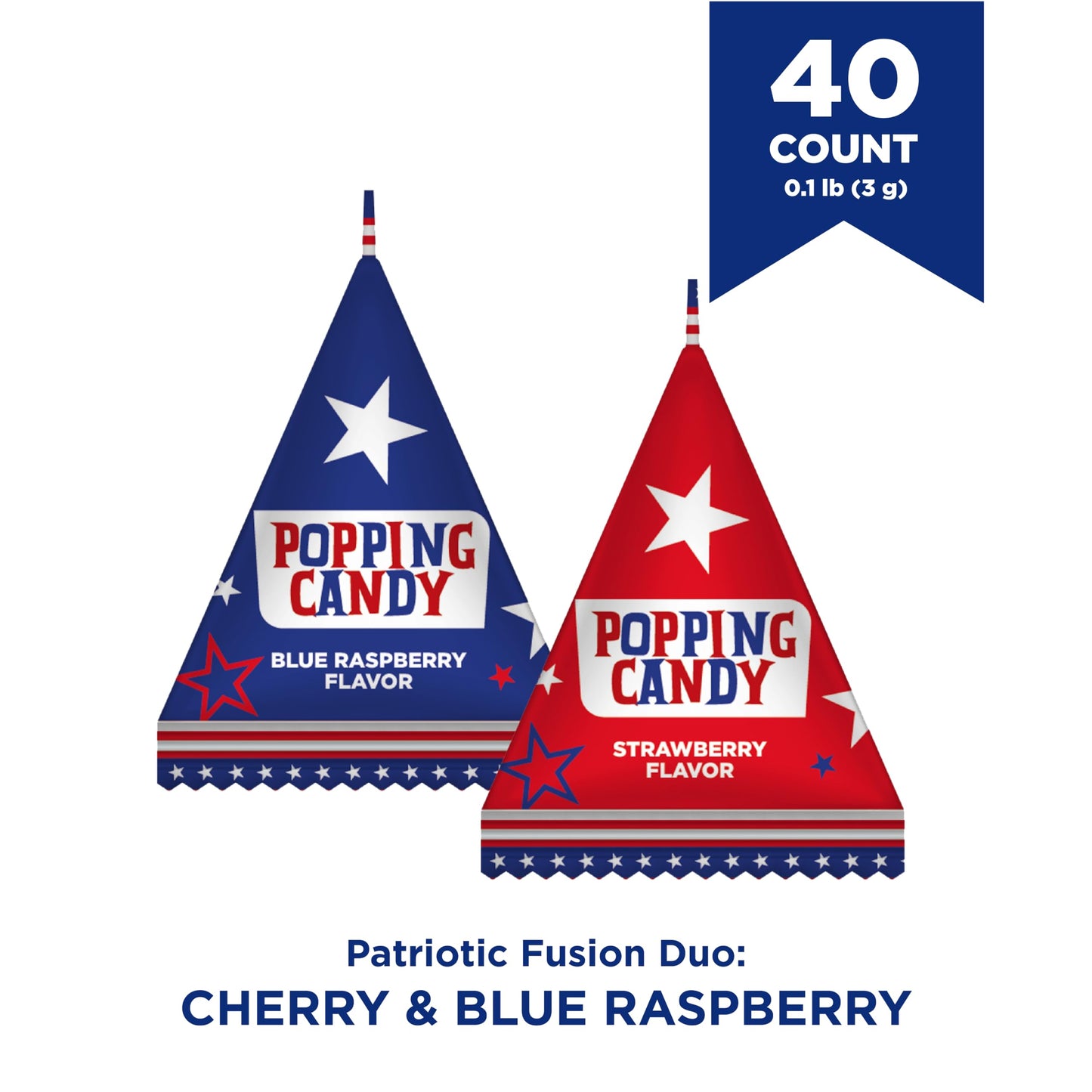Partyworks Patriotic Candy - 40 Count Bag - Popping Rocks Pouches - Strawberry, Blue Raspberry Flavors - Individual Triangles