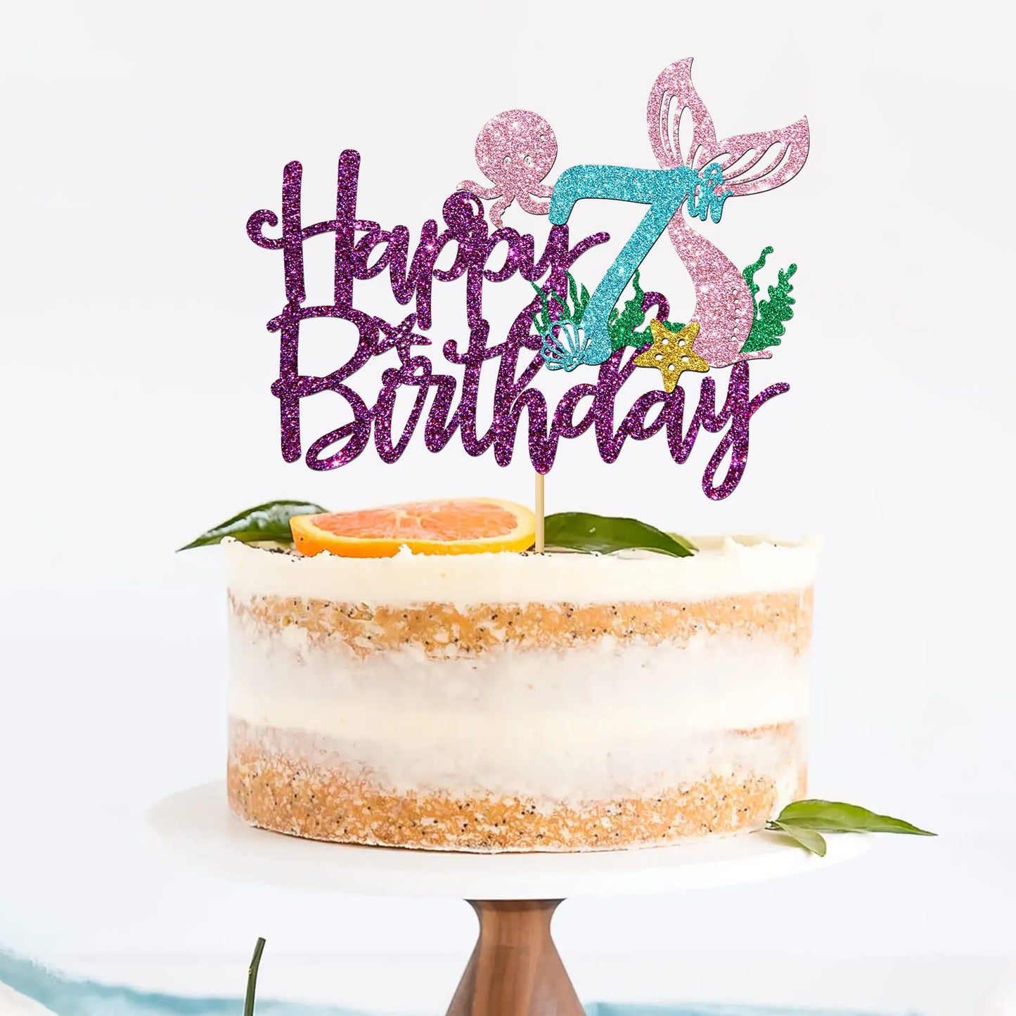 RoadSea Cake Topper - Under The Sea Theme, Purple Glitter, 7th Birthday Decoration, Food Grade Safety Cardboard