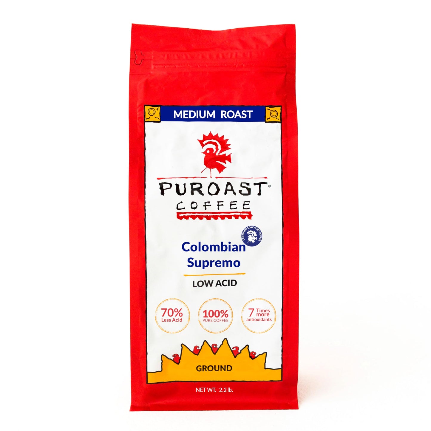 Puroast Low Acid Colombian Supremo Ground Coffee - Medium Roast, 35.2 oz, Specialty Caffeinated