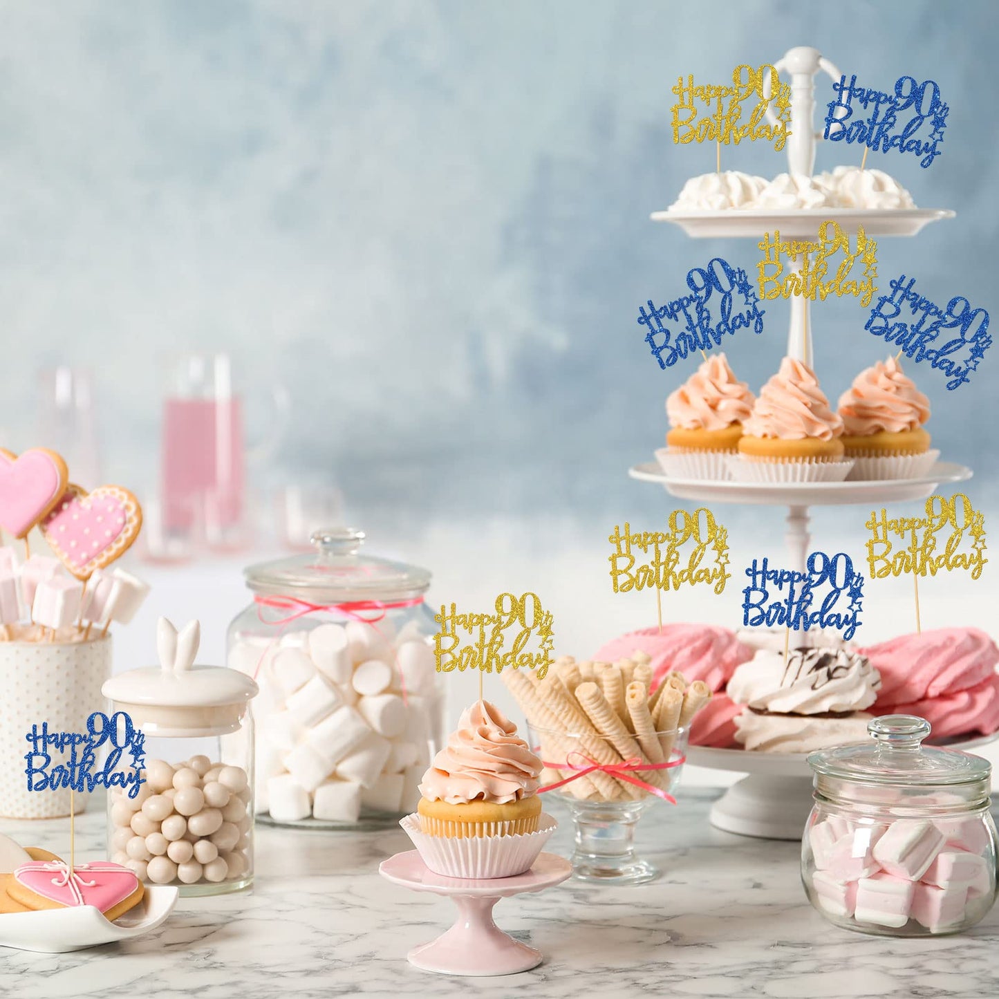 Roadsea Happy 90Th Birthday Cupcake Toppers - Women Men 90 Years Old Birthday Cupcake Supplies - 90Th Birthday Party Decorations