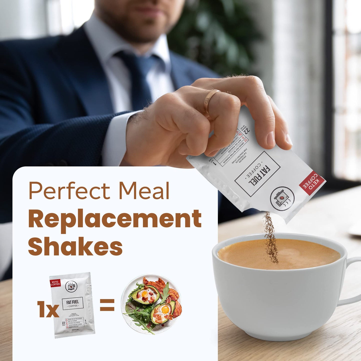 Keto Meal Replacement Coffee Packets with MCT Oils  Coconut Oil  Grass-Fed Butter  and Redmond Real Salt - Organic Instant Coffee by Fat Fuel Company (15 Servings)