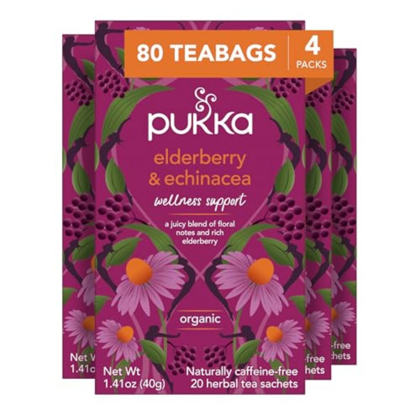 Pukka Organic Herbal Tea - Elderberry & Echinacea, Caffeine Free, 80 Tea Bags (20ct - Pack of 4)