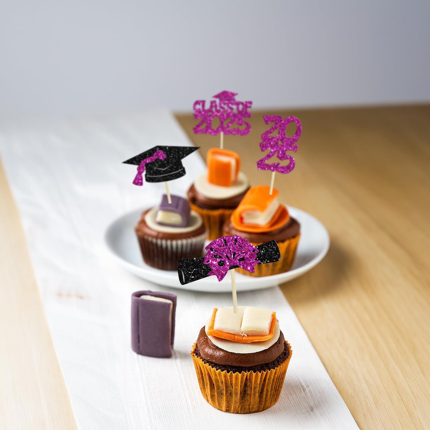 Ephlyn Graduation Cupcake Toppers, 36Pcs Glitter Class of 2025, Purple Graduation Cap & Diploma Picks for Party Decorations
