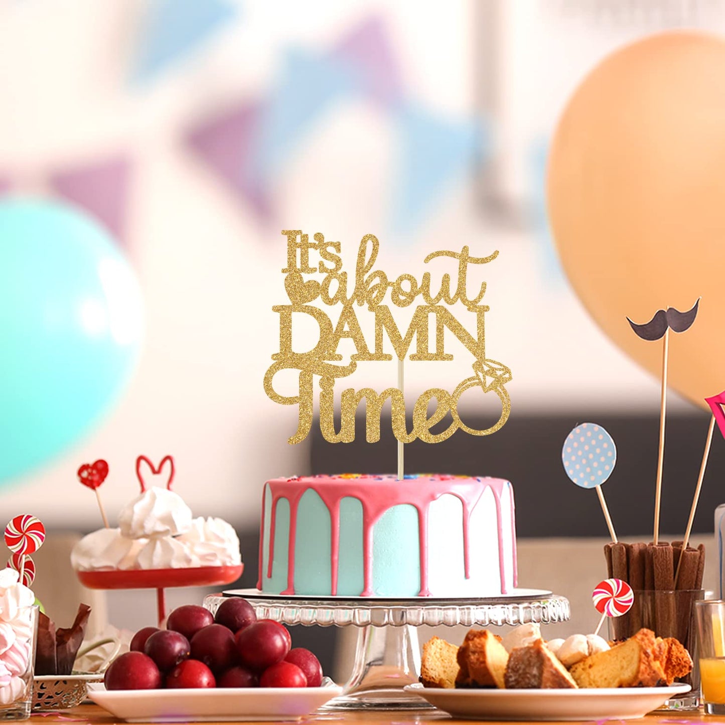 PYBHILK Gold Glitter Cake Topper - Its About Damn Time, Wedding Engagement/Bridal Shower, Model PY--0051