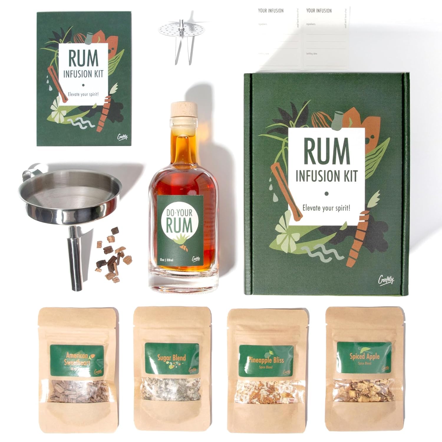 Craftly Rum Infusion Kit - Glass Bottle with Natural Botanicals - Stainless Steel Spices for Homemade Cocktails