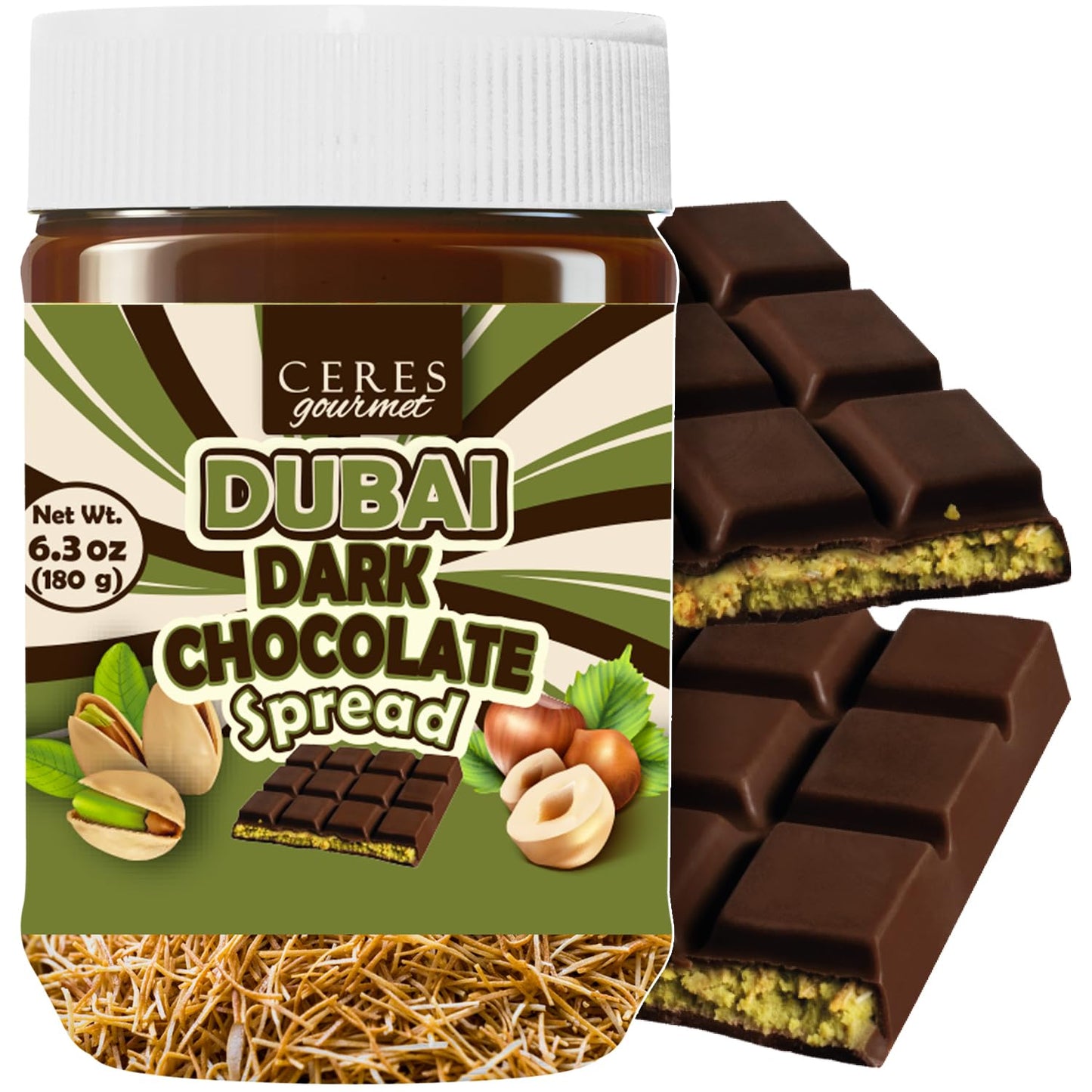 Dubai Chocolate Spread, Dark Chocolate 6.35 oz Jar - Gourmet Chocolate Filling & Pistachio with Kataifi, Dubai Dip, Smooth Sprea