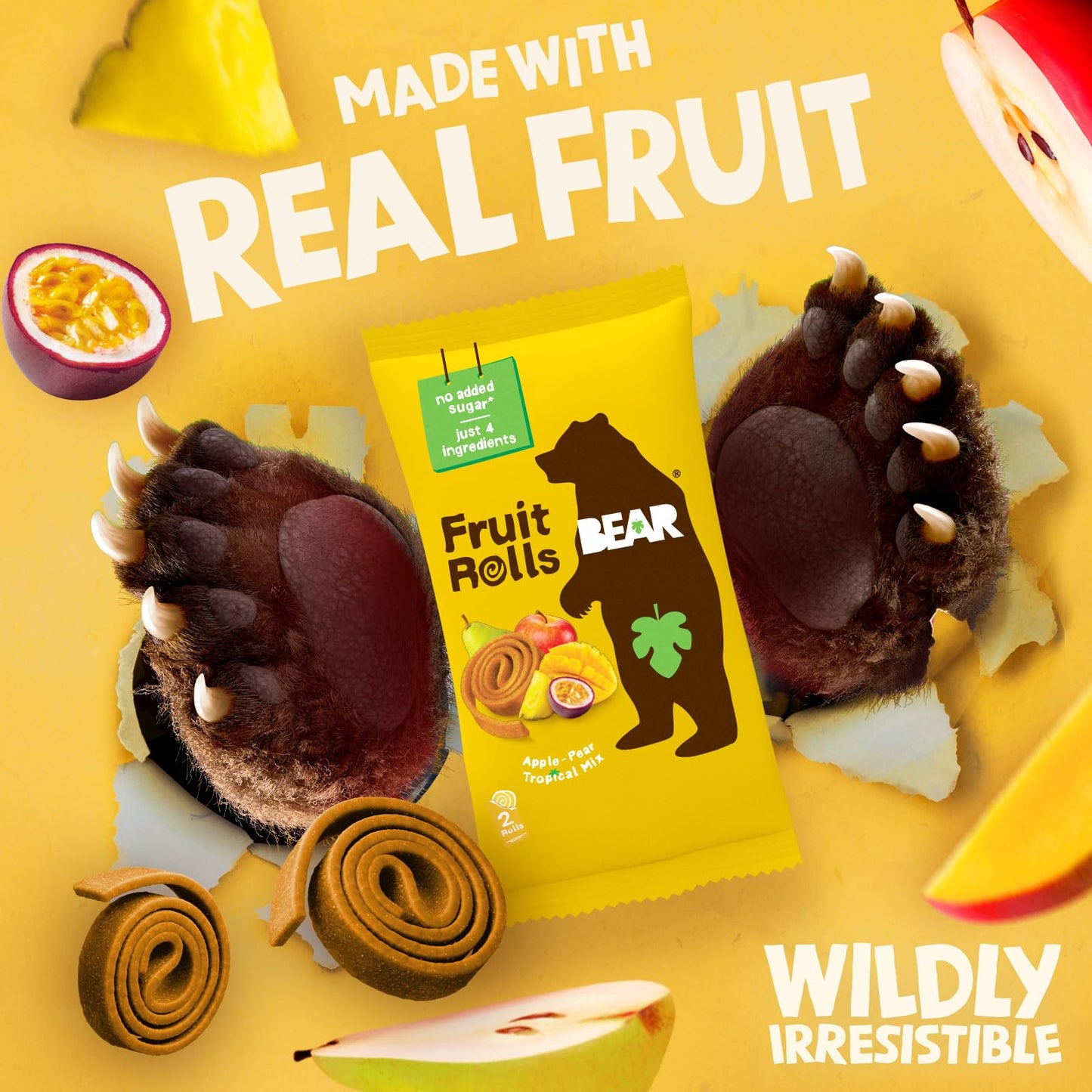 BEAR Real Fruit Snack Rolls - Gluten Free, Vegan, and Non-GMO - Tropical - 36 Rolls, Healthy School And Lunch Snacks For Kids An