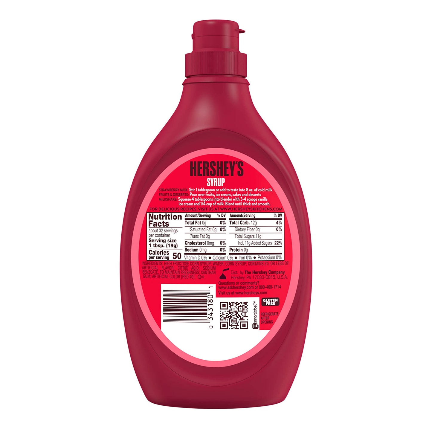 HERSHEYS Strawberry Flavored Syrup Bottle, 22 oz