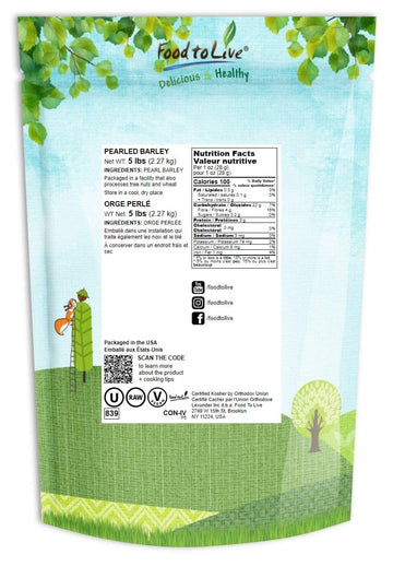 Food to Live - Pearl Barley, 5 Pounds Processed Hulled Barley, Cereal Grain, Kosher, Vegan, Bulk. Cooks Faster than Hulled Barle