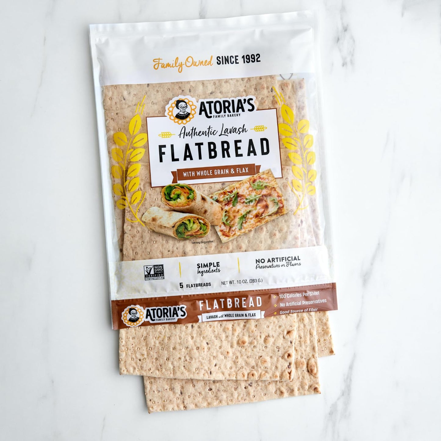 Atoria'S Family Bakery Whole Grain & Flax Lavash Flatbread 10-Packs Of 5 Sheets (50 Sheets)