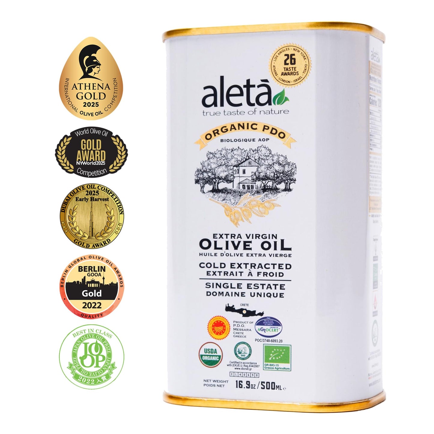 Aleta Olive Oil Extra Virgin, USDA Organic, Cold Pressed, 16.9 Fl Oz