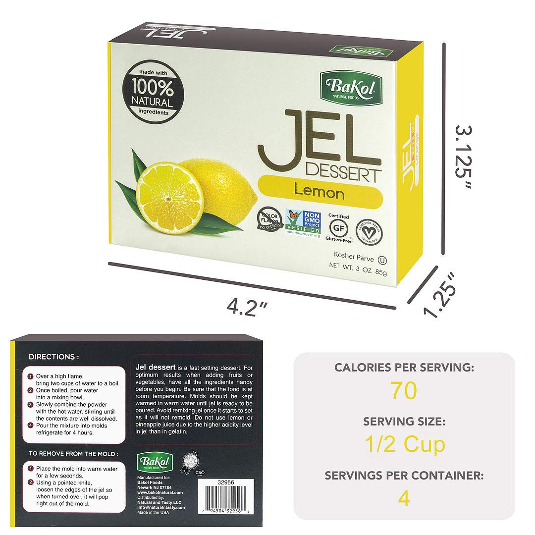 Bakol Jel Dessert - All Natural Vegan Dessert Mix - Kosher - Halal - No Artificial Sweeteners Flavors Or Colors - Lemon Flavor (Pack Of 12)