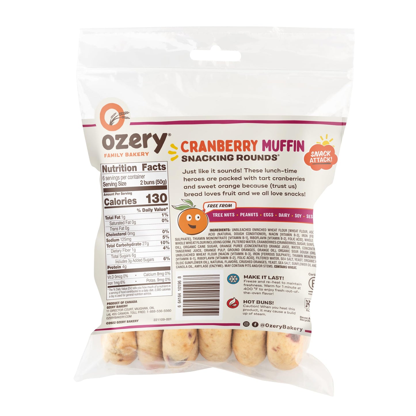 Ozery Bakery Cranberry Muffin Snacking Rounds, Allergen Free, Vegan, Made with Real Fruit, Snack Buns,12 Buns Per Bag, Pack of 6