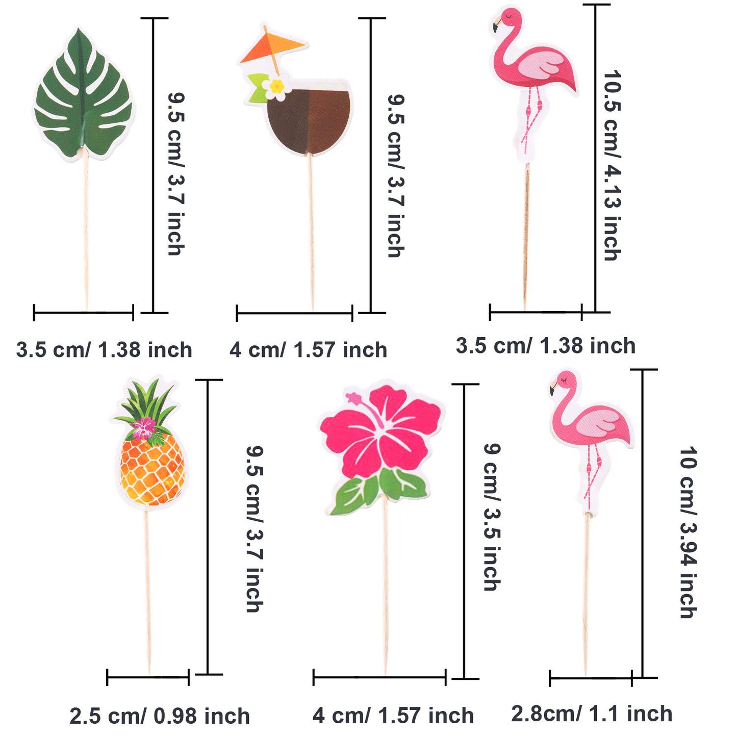 Maitys Luau Cupcake Toppers - Tropical Cake Decorations with Flamingo & Pineapple Shapes, 16 Count, Cardboard & Wood