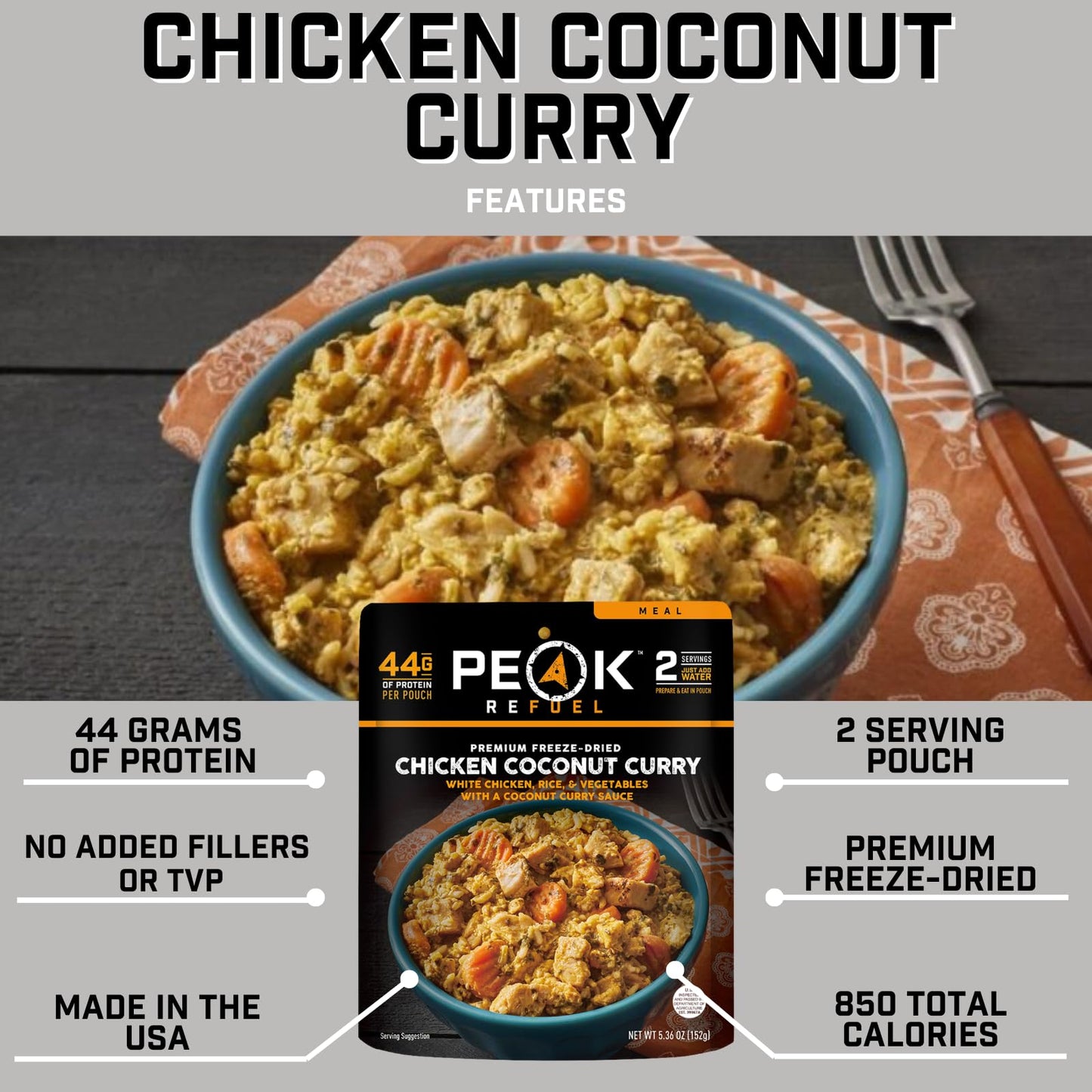 Peak Refuel Chicken Coconut Curry  Freeze Dried Backpacking And Camping Food  Amazing Taste & Quality  High Protein  Real Meat