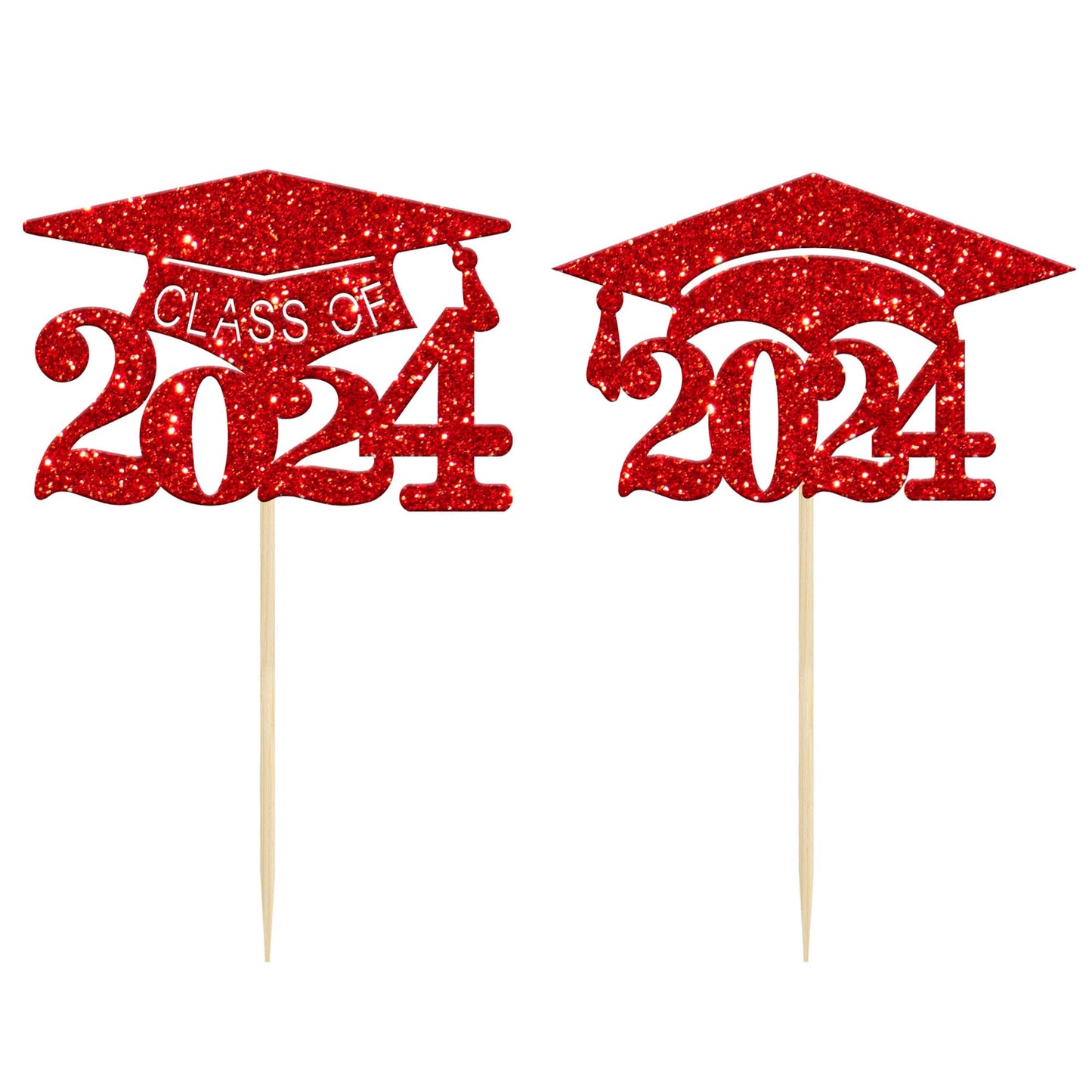 Gyufise 24 Pack 2024 Graduation Cap Cupcake Toppers Red Glitter Class Of 2024 Congrats Grad Cap Cupcake Picks For So Proud Of Yo