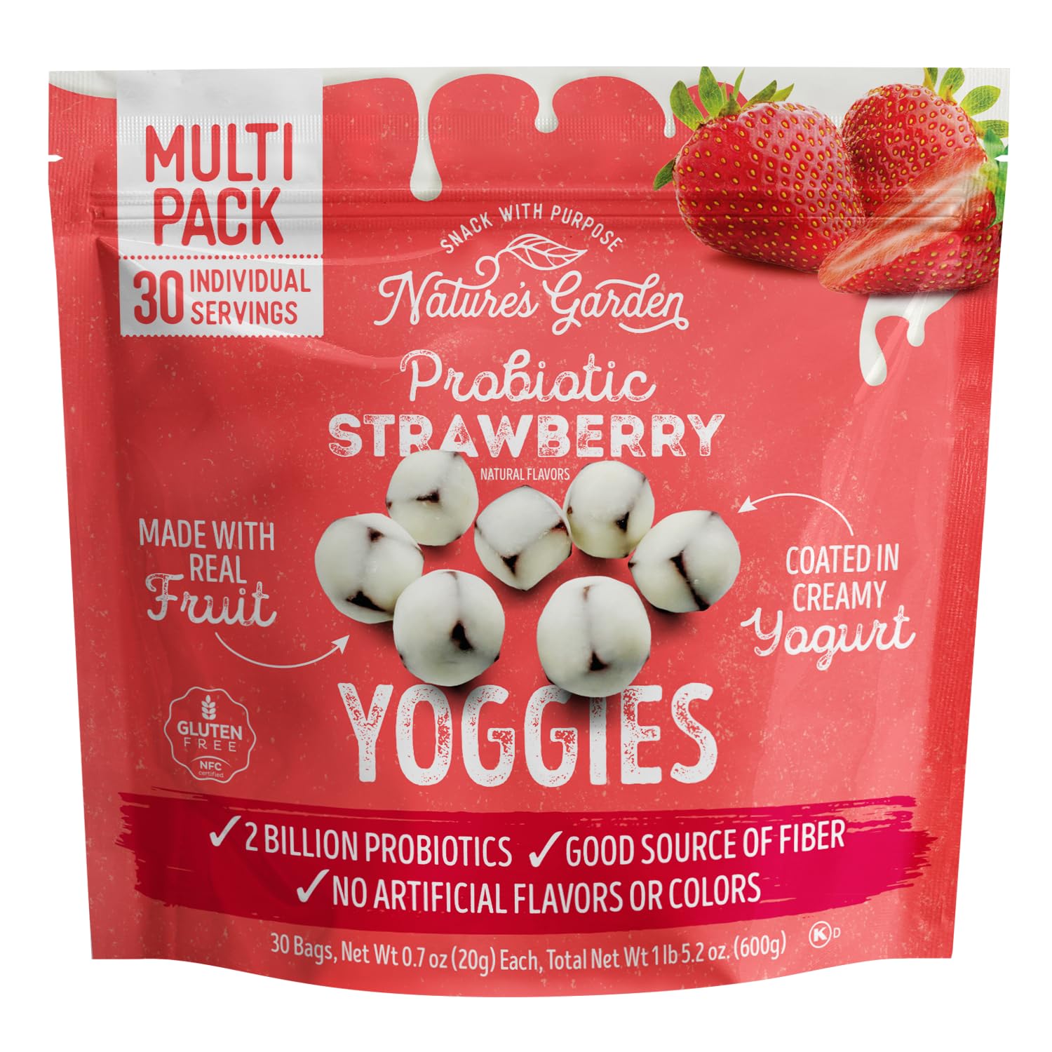 Nature s Garden Probiotic Strawberry Yoggies, 21oz (30 x 0.7oz), Yoggie Bites Strawberry Yogurt Covered Snack Pack, High Fiber,